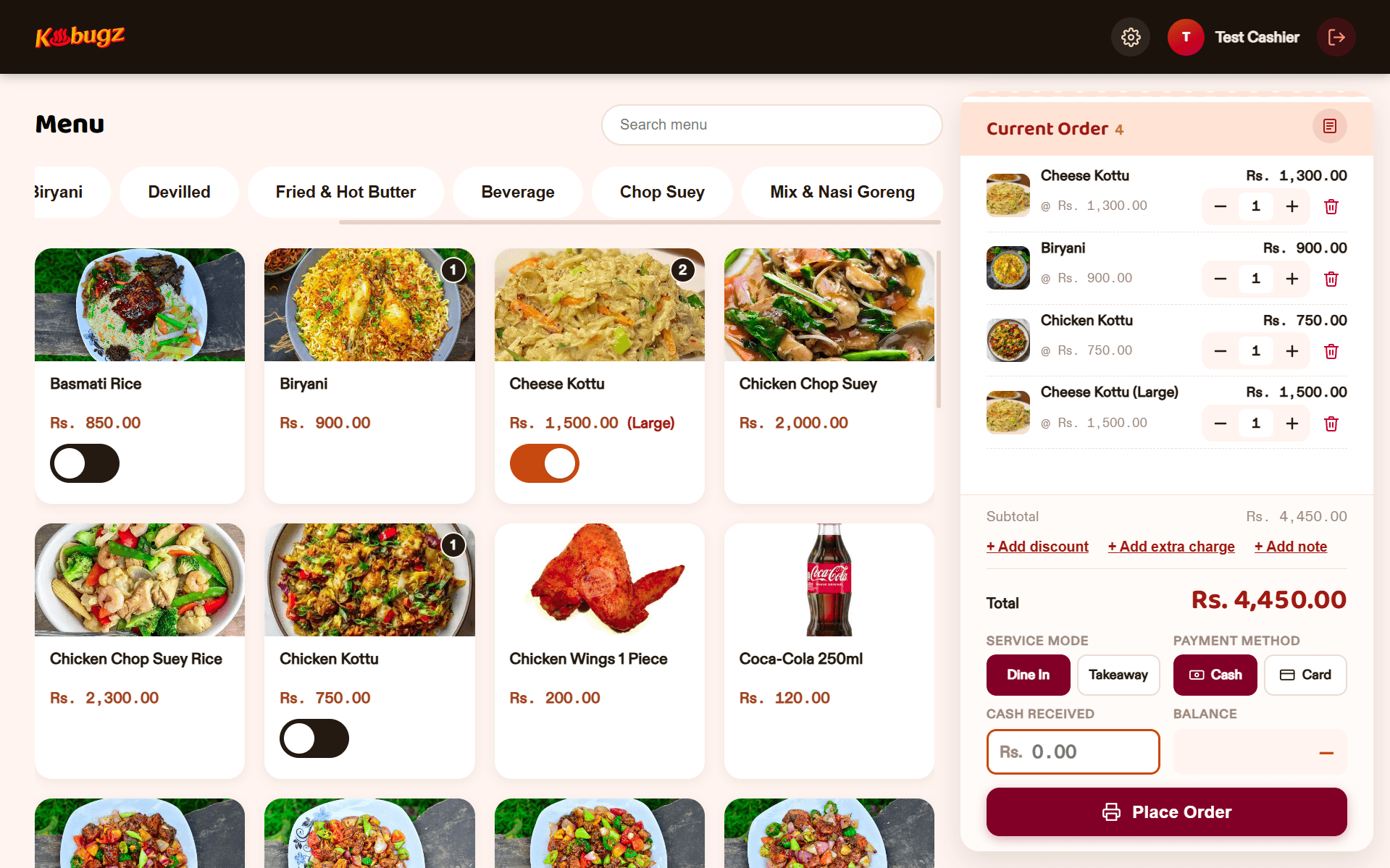 Kbugz point-of-sale screen: menu items on the left and the current order with a Place Order button on the right